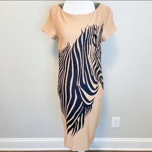 🎄🎄Taylor Tan Zebra Graphic Midi Dress Faux Leather Trim, Sz 8-10, EUC